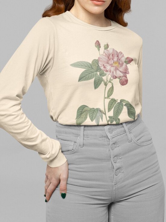 Outfit Bits Tops - Rose Vintage Floral Print Long Sleeve Graphic Tee T-shirt S-XXL